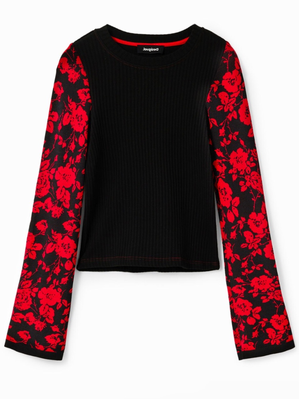 Desigual XL FLORAL JACQUARD T-SHIRT Rib Black Red Crew Neck Holiday Office